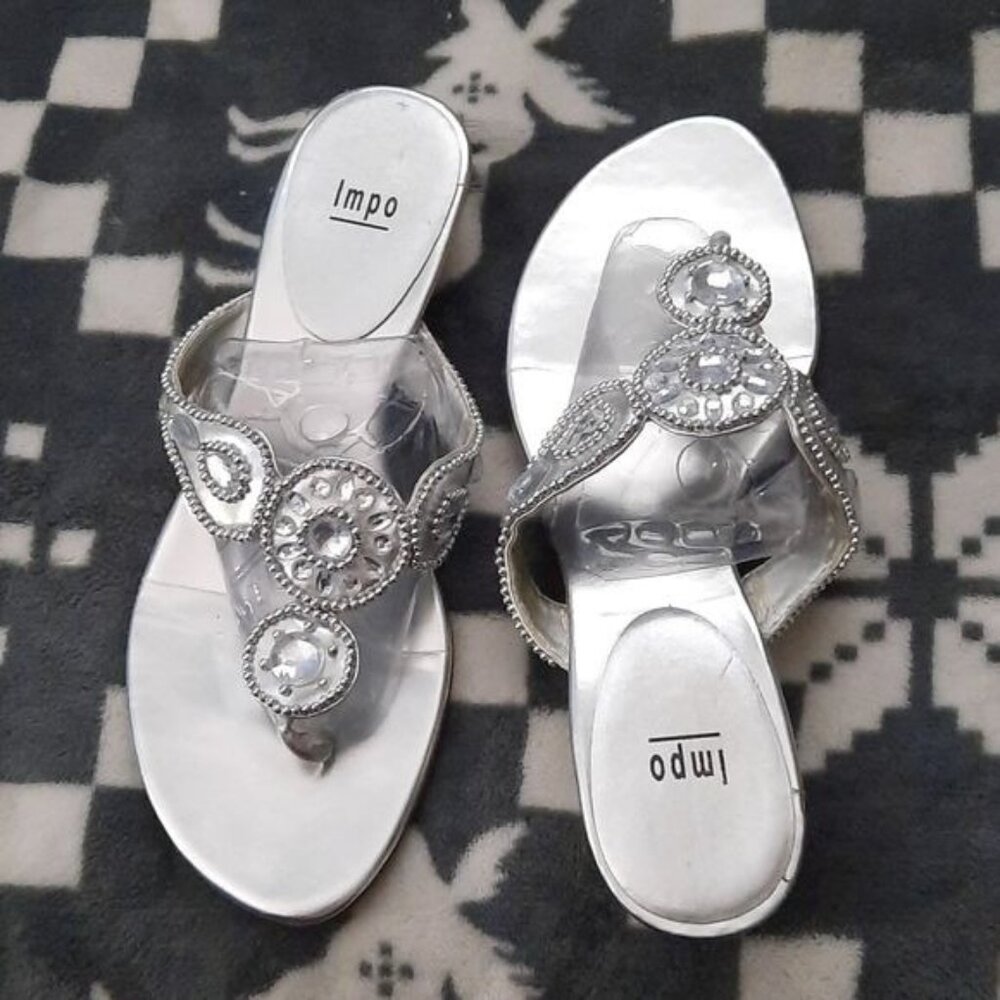 Impo Razz Silver Gems And Beaded  1.5 inch Heel Thong Sandals Size 8.5